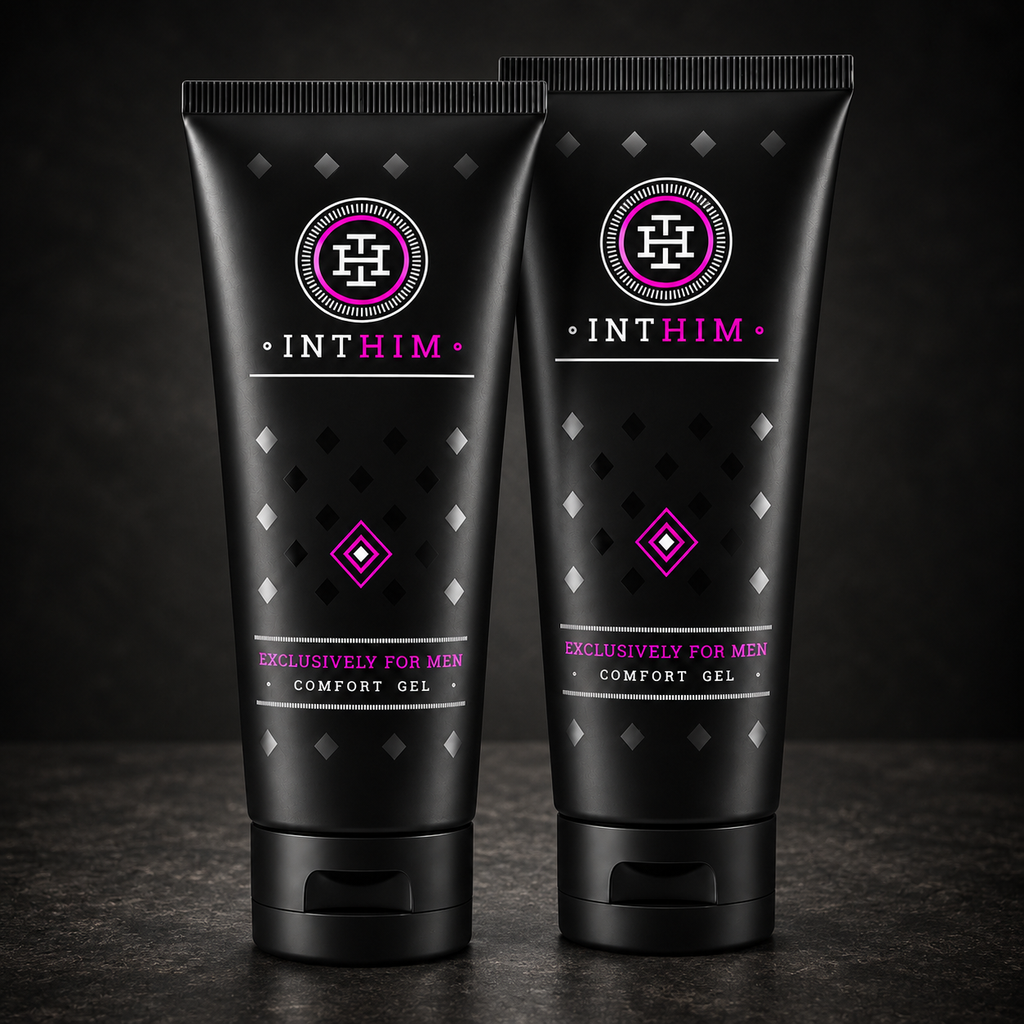 2-pakning IntHim Comfort Gel 100 ml for menn på mørk bakgrunn – beroligende pleie etter barbering og hårfjerning