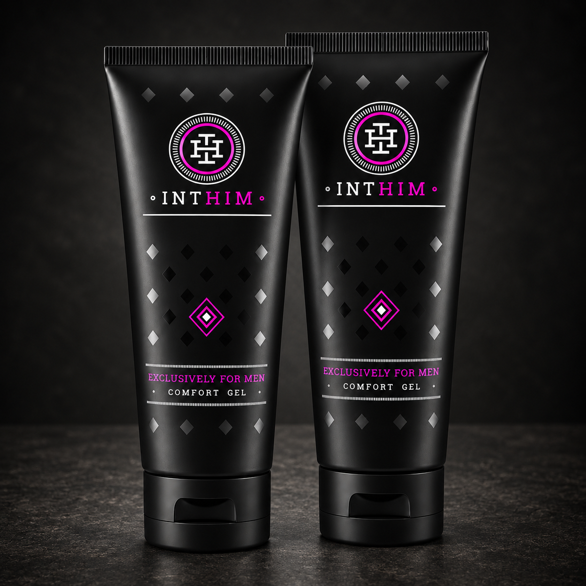 2-pakning IntHim Comfort Gel 100 ml for menn på mørk bakgrunn – beroligende pleie etter barbering og hårfjerning