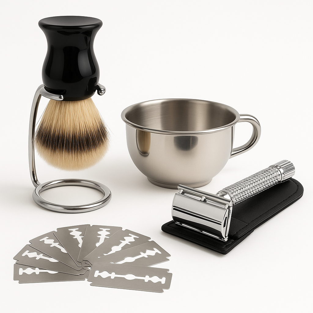 Barberingssett for Menn – Høvel + Kost + Skum – Komplett Startpakke