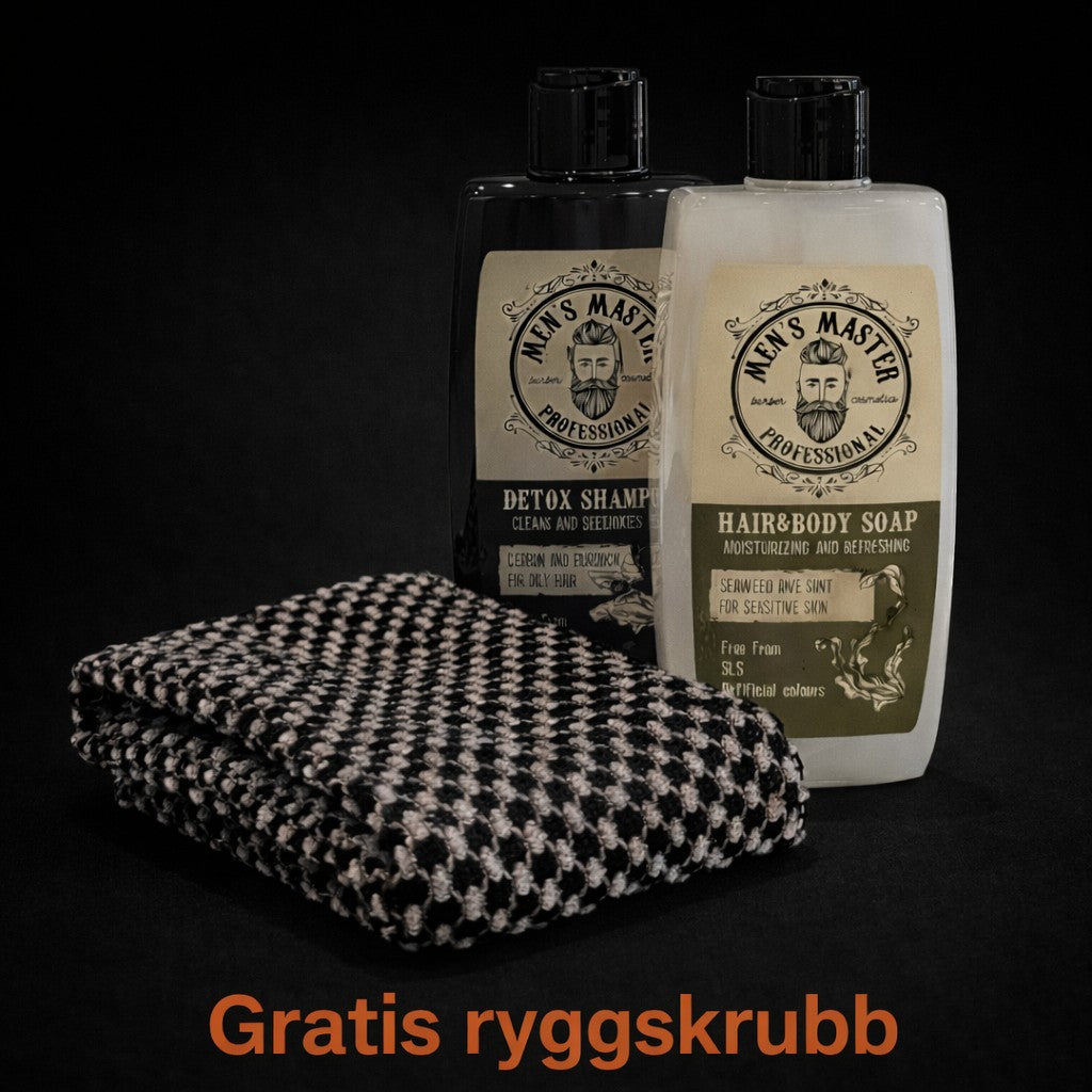 Komplett Pleiesett – Dusjsåpe, Detox Shampo & Gratis Ryggskrubb
