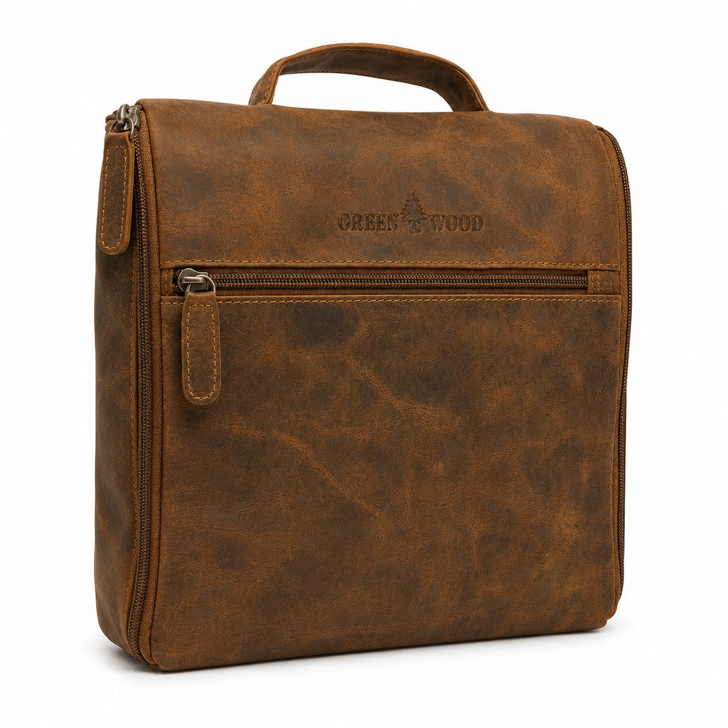 Hengende toalettmappe i ekte skinn – Camel – Greenwood