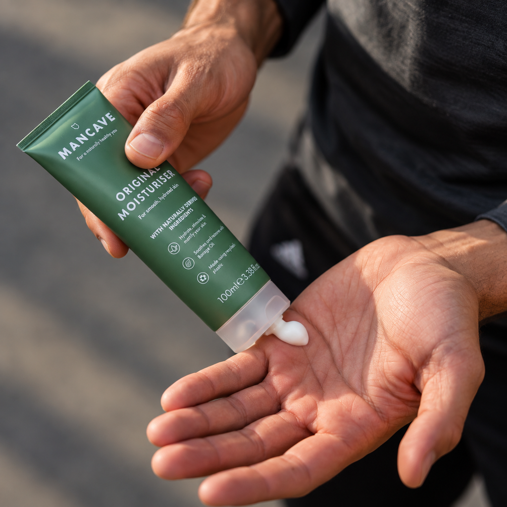 Mann påfører ManCave Original Moisturiser fuktighetskrem i hånden før bruk