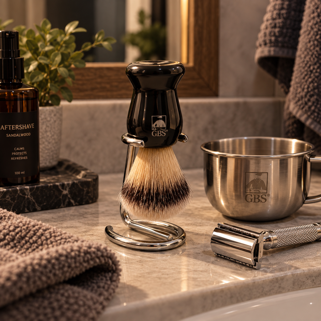 Barberkost fra Gents GBS hengende med busten ned i barberkoststativ i forkrommet stål, sammen med barberbolle og barberhøvel på badet