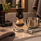 Barberkost fra Gents GBS hengende med busten ned i barberkoststativ i forkrommet stål, sammen med barberbolle og barberhøvel på badet