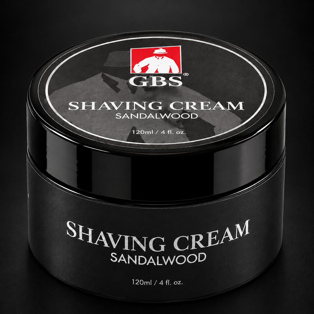 Gents GBS Shaving Cream Sandalwood 120 ml – barberkrem i svart krukke på mørk bakgrunn