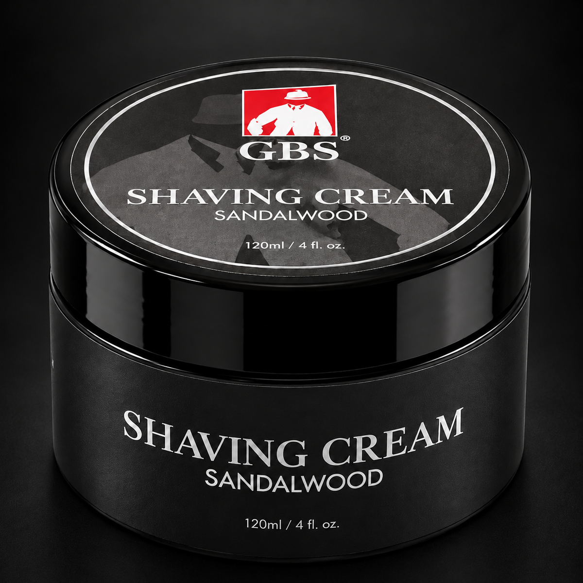 Gents GBS Shaving Cream Sandalwood 120 ml – barberkrem i svart krukke på mørk bakgrunn