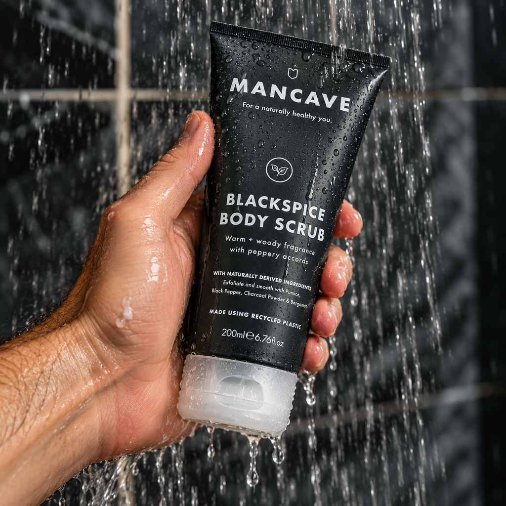 ManCave BlackSpice Body Scrub holdes i hånden under rennende vann i dusjen