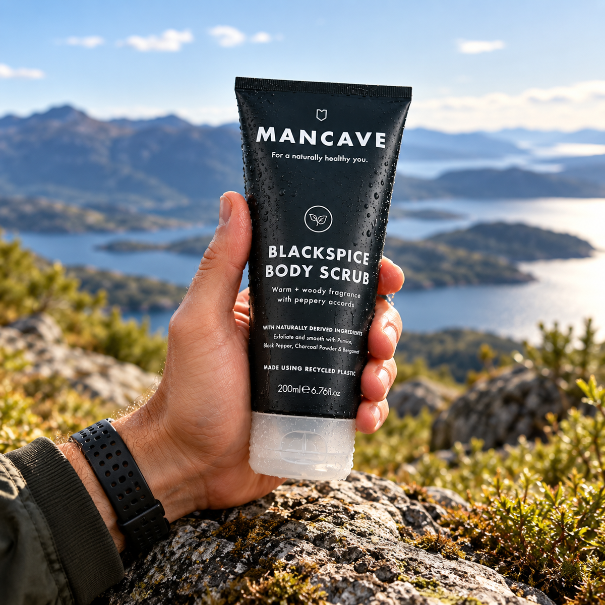 ManCave BlackSpice Body Scrub holdes i hånden utendørs med fjell og natur i bakgrunnen