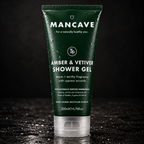 ManCave Amber & Vetiver Shower Gel 200 ml på mørk bakgrunn