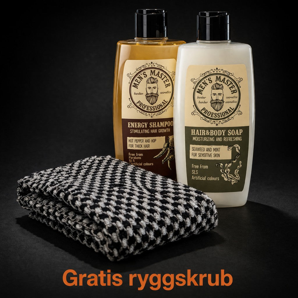 Komplett Pleiesett - Dusjsåpe, Energy Shampo & Gratis Ryggskrubb