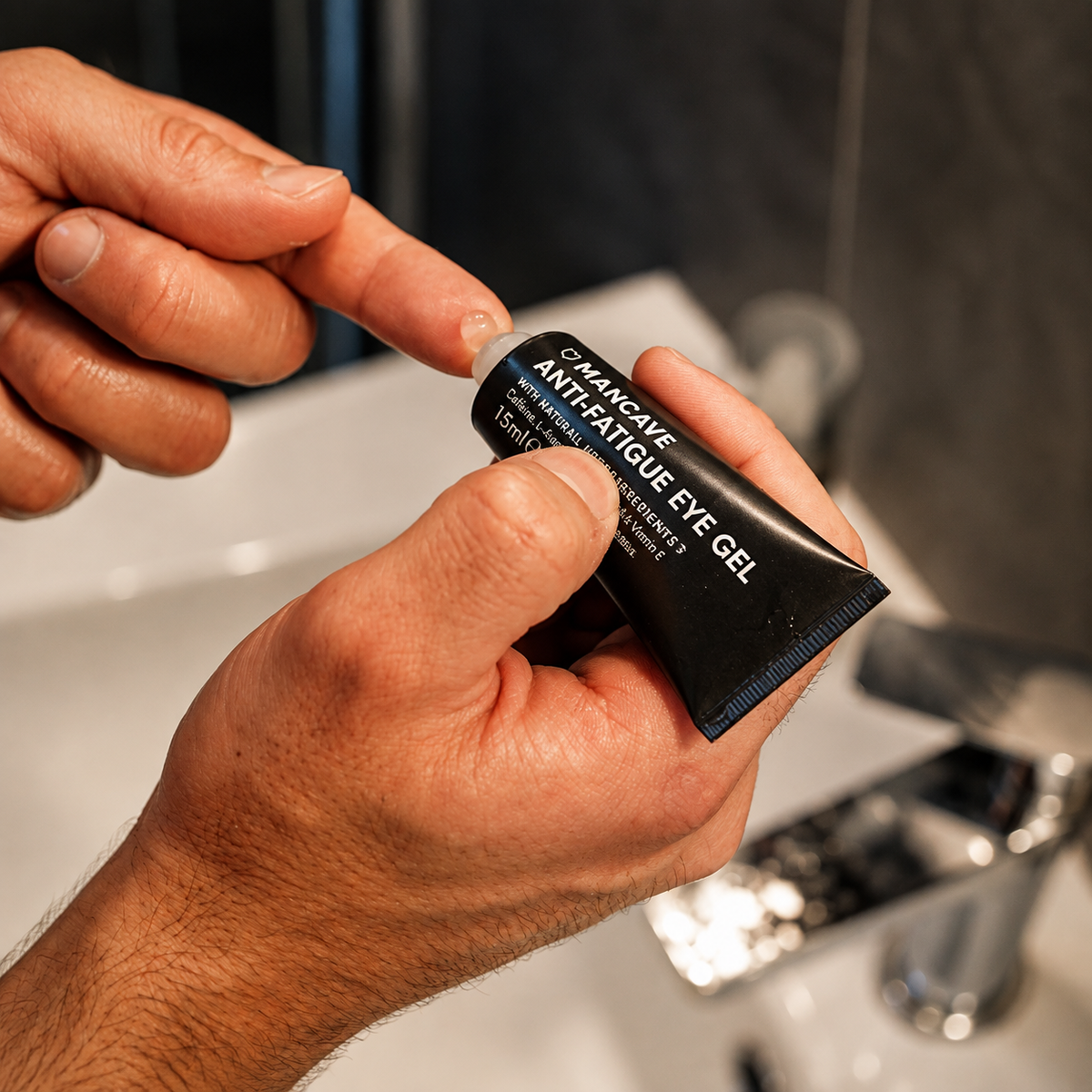 ManCave Anti-Fatigue Eye Gel åpnes og gjøres klar til bruk