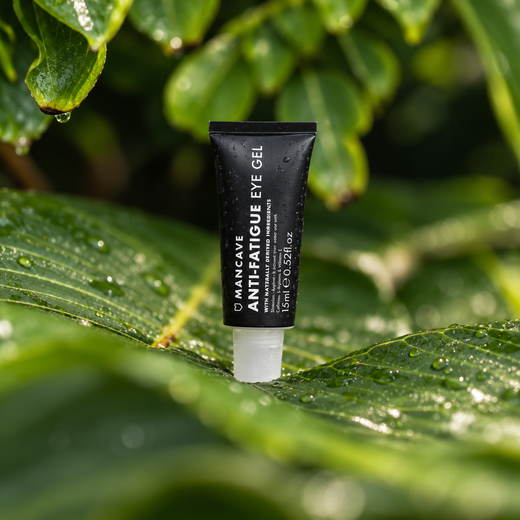 ManCave Anti-Fatigue Eye Gel 15 ml utendørs med grønne blader i bakgrunnen