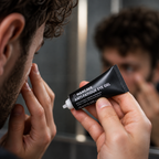 Mann påfører ManCave Anti-Fatigue Eye Gel under øyet foran speilet