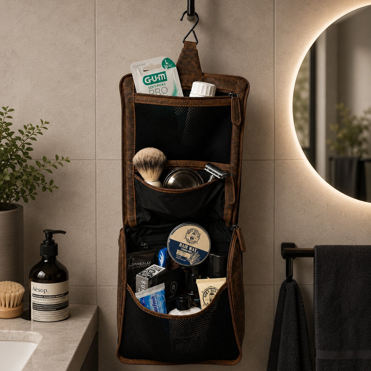 Hengende toalettmappe i ekte skinn – Khaki – Greenwood