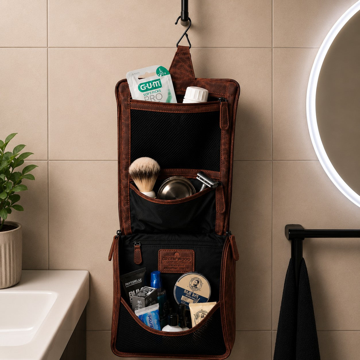 Hengende toalettmappe i ekte skinn – Sandal – Greenwood