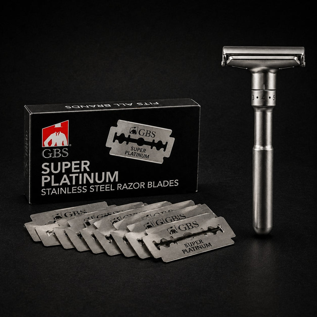 Justerbar premium barberhøvel inkl. 10 double edge blader – Matt sølv