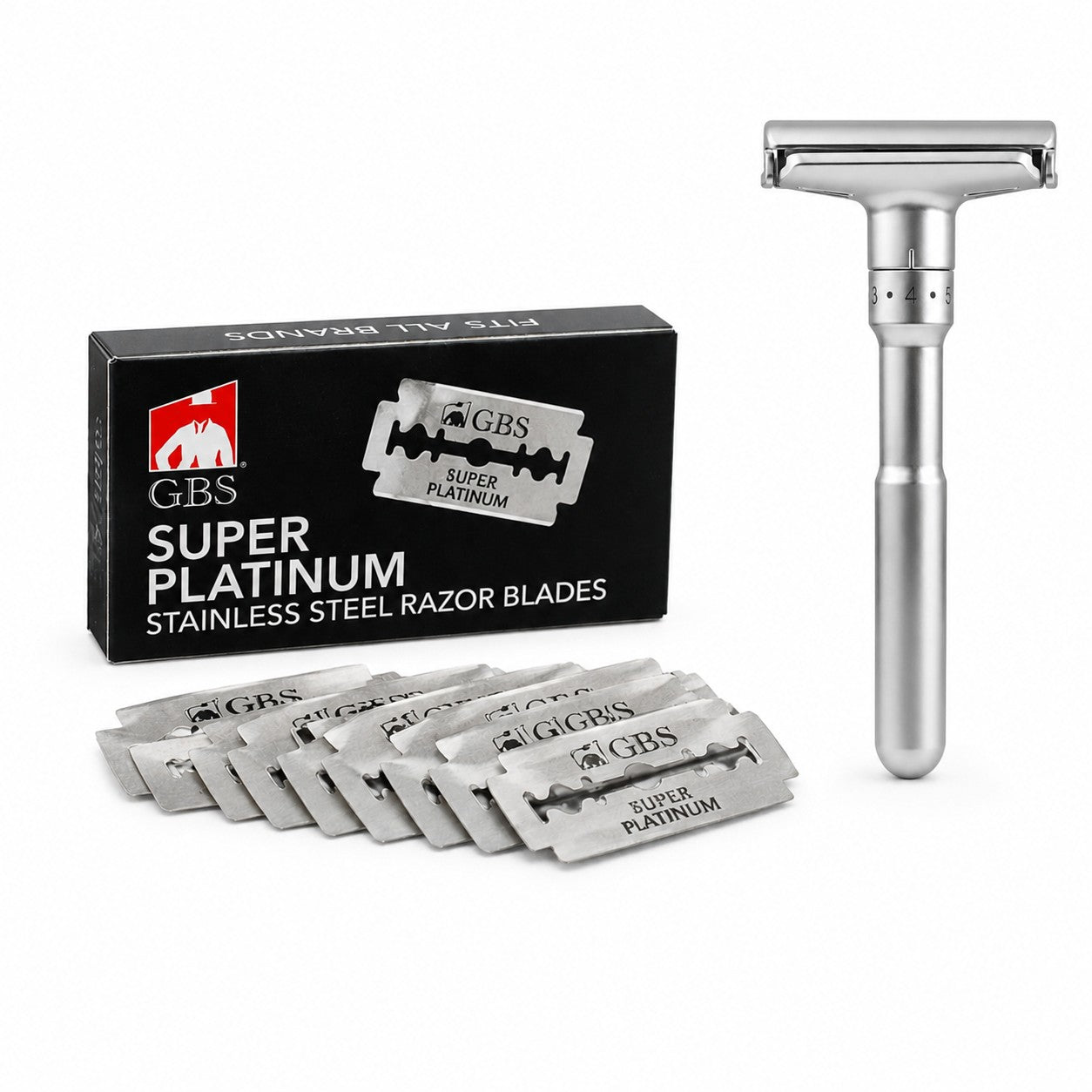 Justerbar premium barberhøvel inkl. 10 double edge blader – Matt sølv