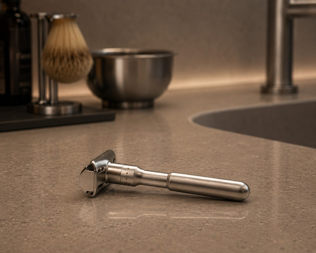 Justerbar premium barberhøvel inkl. 10 double edge blader – Matt sølv