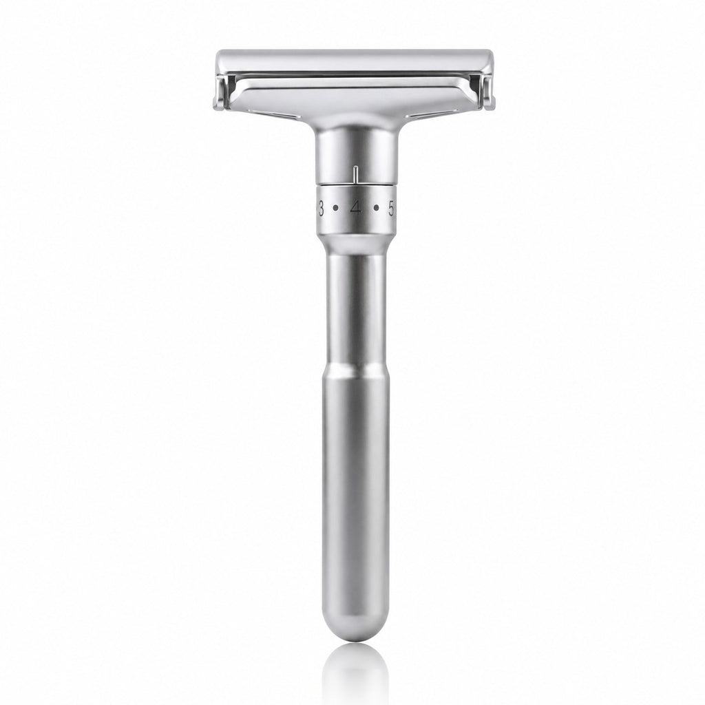 Justerbar premium barberhøvel inkl. 10 double edge blader – Matt sølv