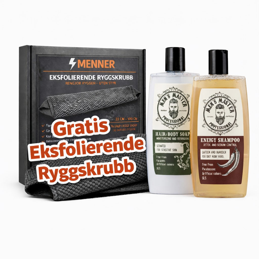 Komplett Pleiesett med, Dusjsåpe og Shampo og en Gratis Eksfolierende Ryggskrubb