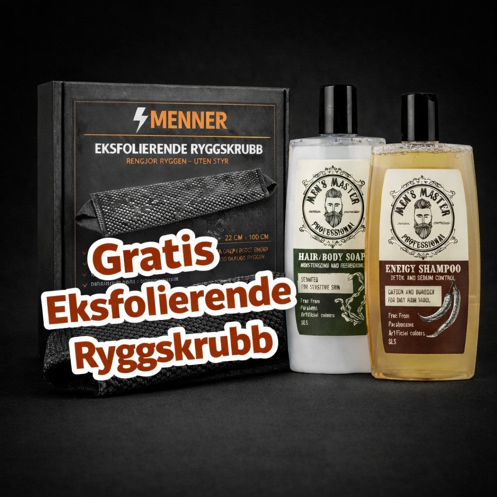 Komplett Pleiesett med, Dusjsåpe og Shampo og en Gratis Eksfolierende Ryggskrubb