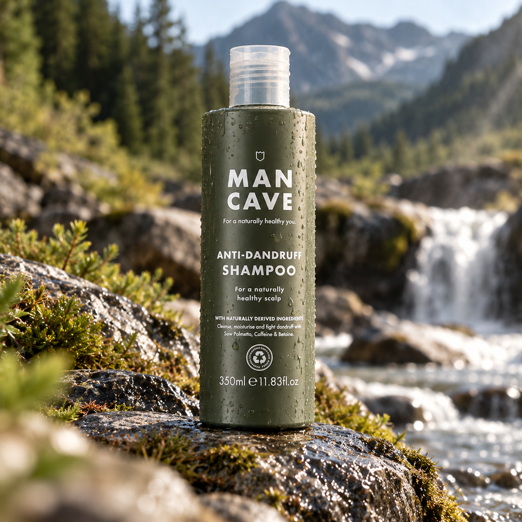 ManCave Anti-Dandruff Shampoo 350 ml utendørs med fjell og natur i bakgrunnen