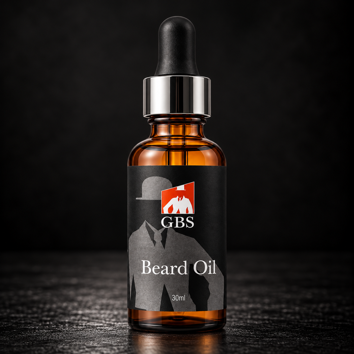 Gents GBS Beard Oil 30 ml – skjeggolje med pipette på mørk bakgrunn
