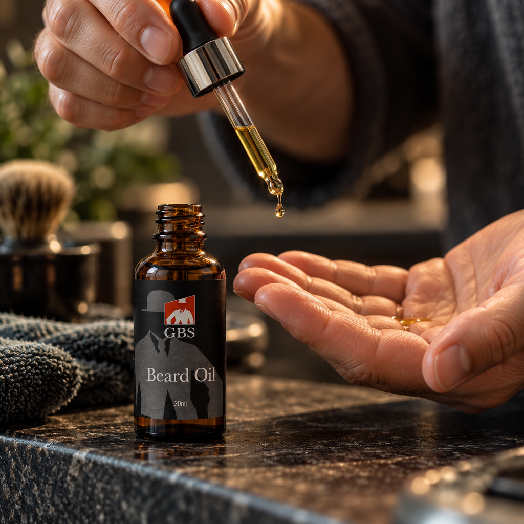 Gents GBS Beard Oil – mann doserer skjeggolje med pipette i håndflaten før påføring i skjegget