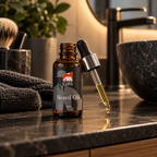 Gents GBS Beard Oil 30 ml på baderomsbenken med pipette og håndkle