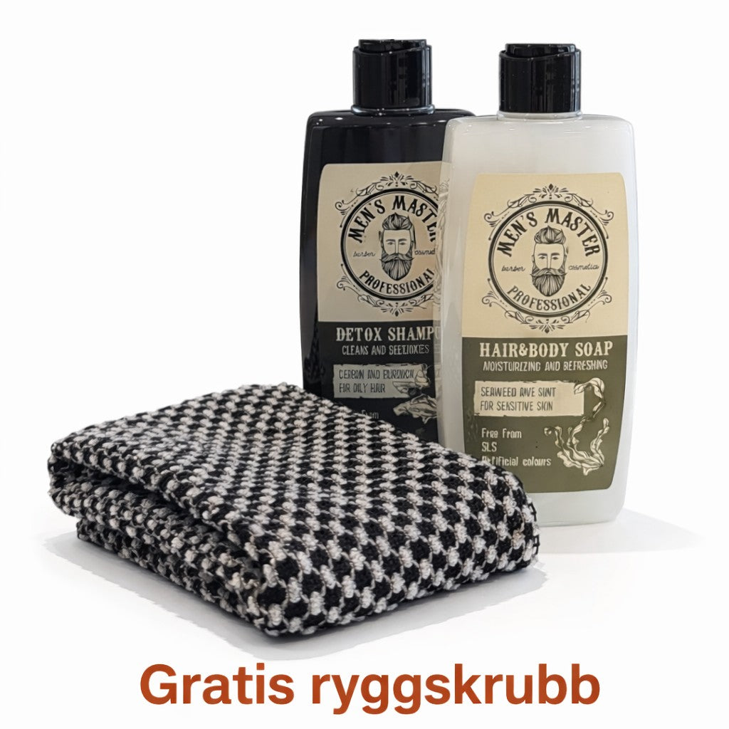 Komplett Pleiesett – Dusjsåpe, Detox Shampo & Gratis Ryggskrubb