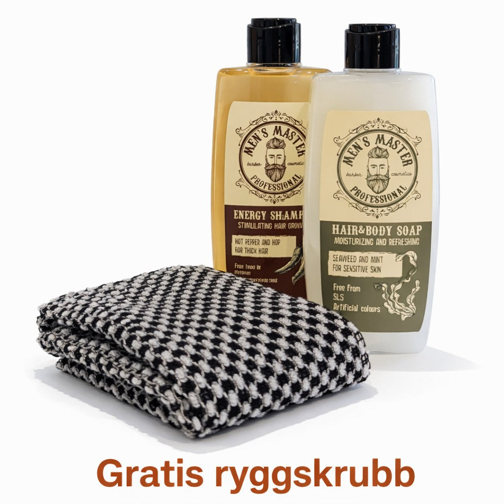 Komplett Pleiesett - Dusjsåpe, Energy Shampo & Gratis Ryggskrubb
