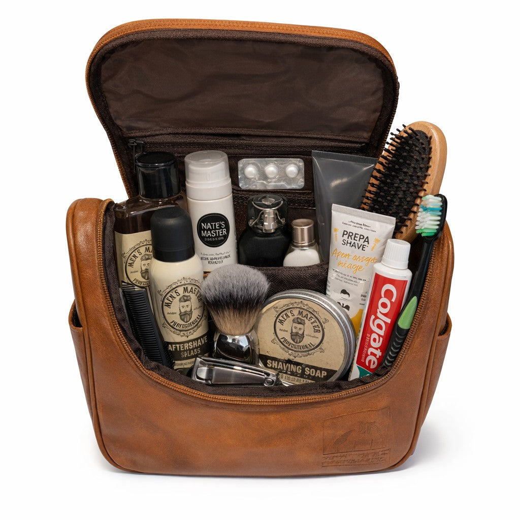 Toalettmappe GENTS Cognac – Romslig skinnmappe for reise og hverdag