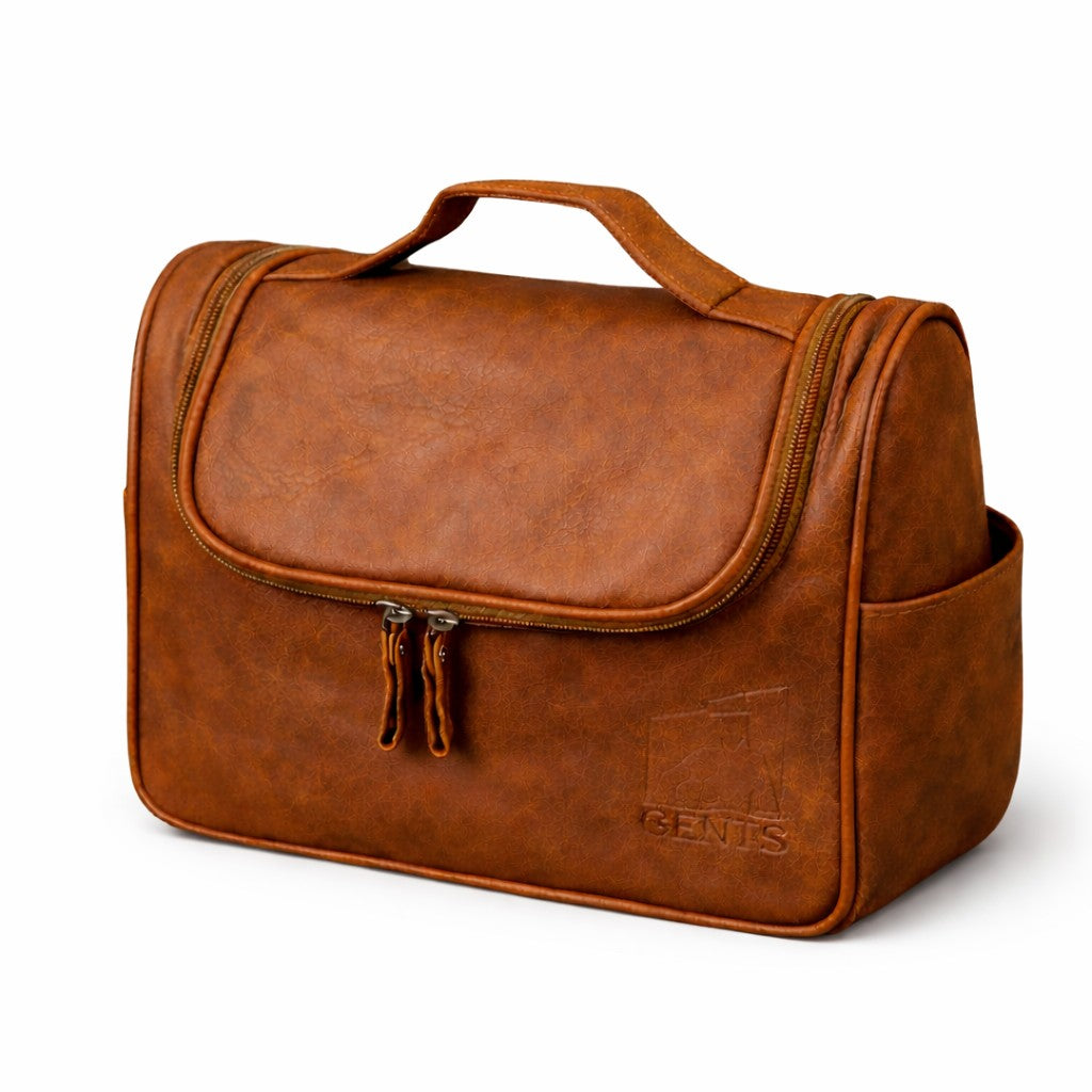 Toalettmappe GENTS Cognac – Romslig skinnmappe for reise og hverdag
