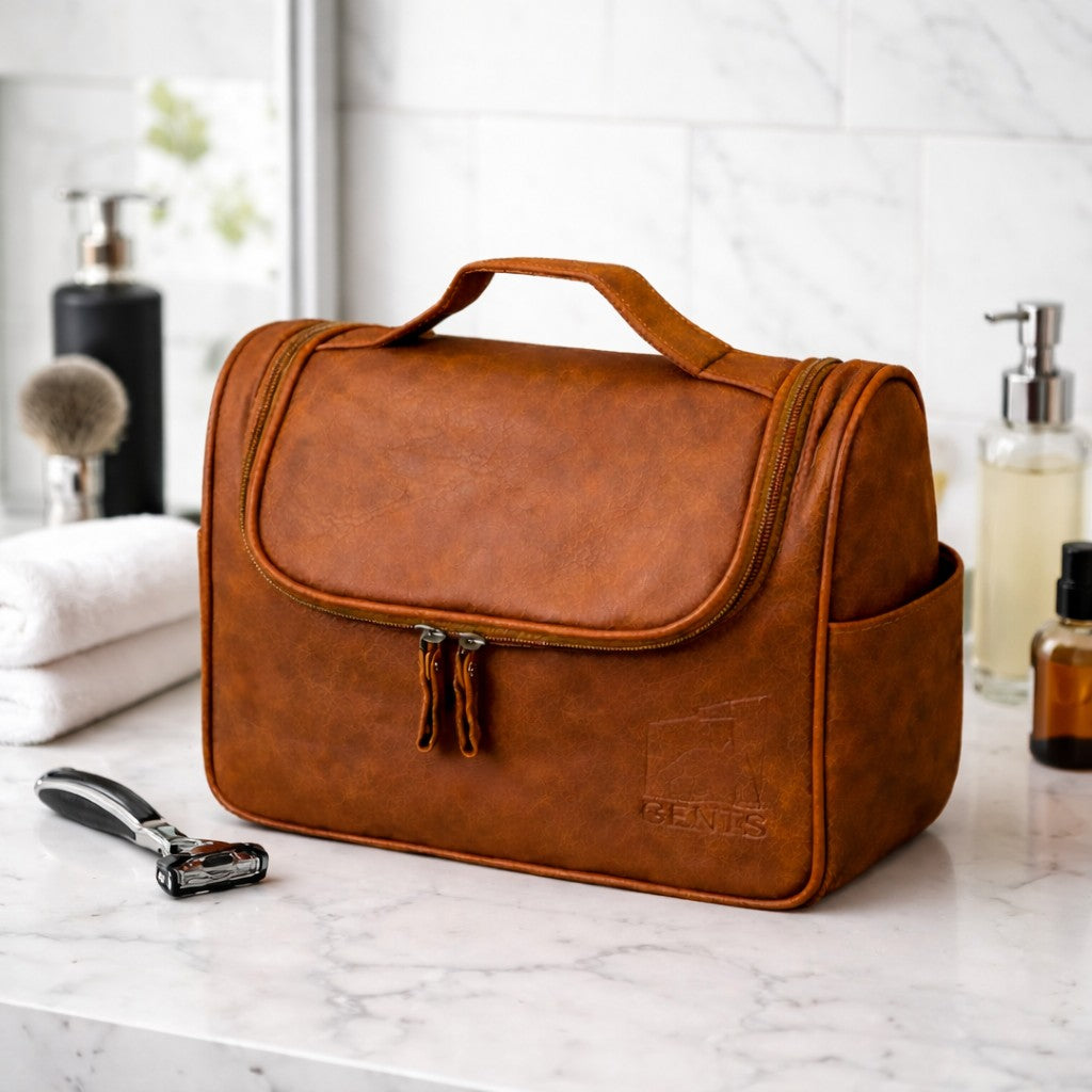 Toalettmappe GENTS Cognac – Romslig skinnmappe for reise og hverdag