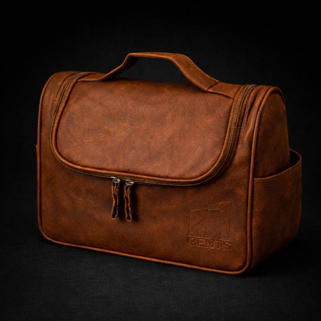 Toalettmappe GENTS Cognac – Romslig skinnmappe for reise og hverdag